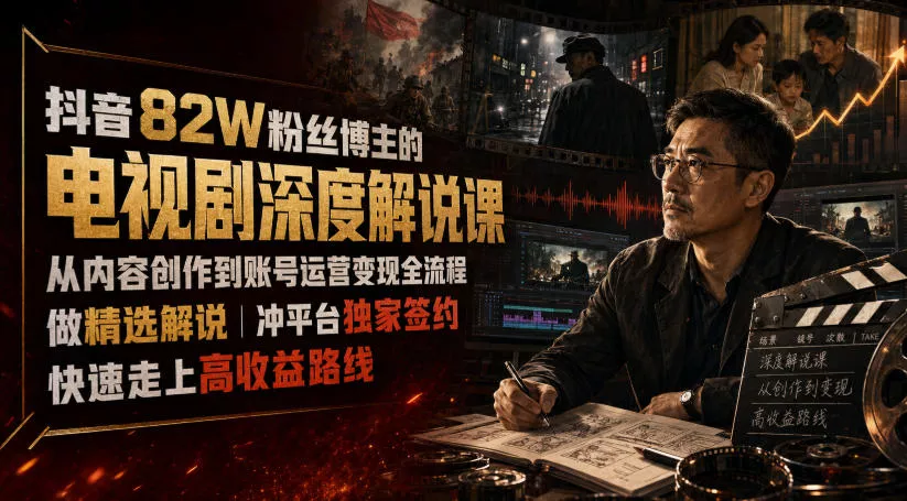 抖音82W粉丝博主的电视剧深度解说课，从内容创作到账号运营变现全流程，做精选解说，冲平台独家签约，快速走上高收益路线胖子网创胖子网创