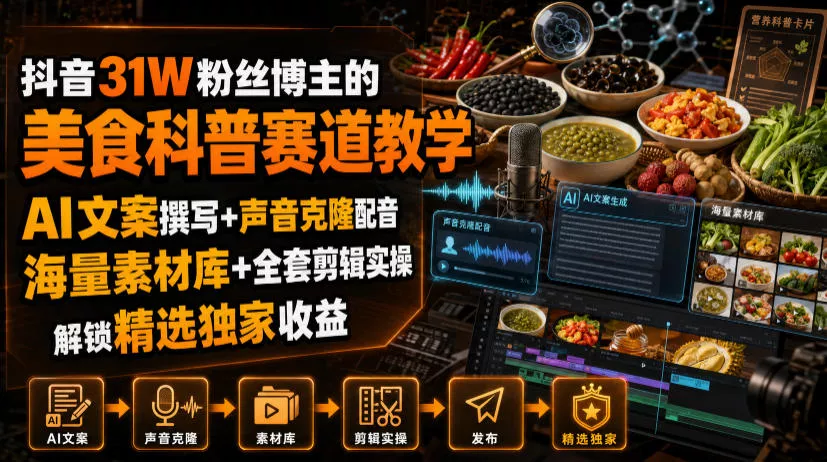抖音31W粉丝博主的美食科普赛道教学,AI文案撰写+声音克隆配音+剪辑实操,解锁精选独家收益 抖音31W粉丝博主的美食科普赛道教学,AI文案撰写+声音克隆配音+剪辑实操,解锁精选独家收益