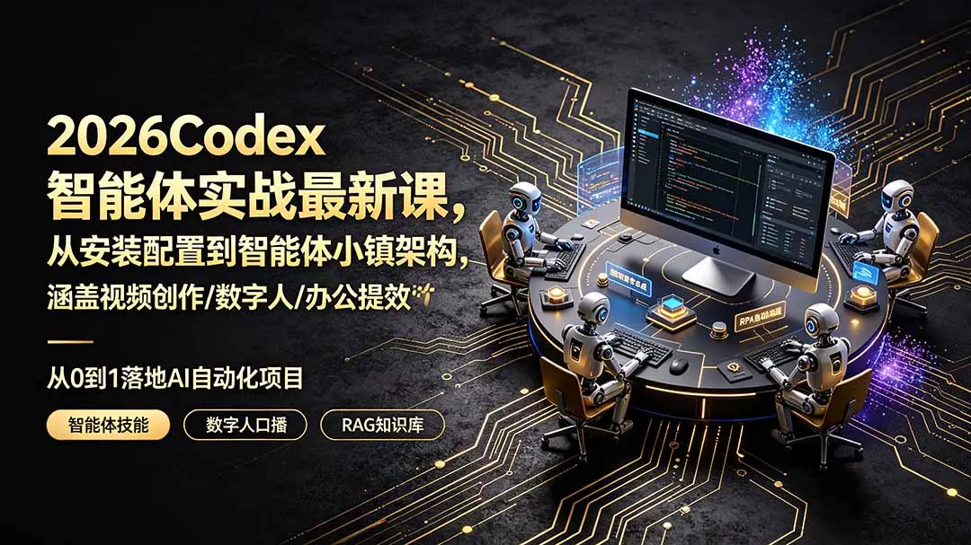 2026Codex智能体实战最新课，从安装配置到智能体小镇架构，涵盖视频创作/数字人/办公提效全技能胖子网创胖子网创
