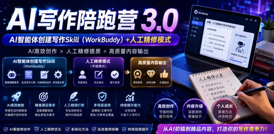 AI写作陪跑营3.0，Ai智能体创建写作skill(workbuddy)+人工手写模式(手搓模式)，去除AI痕迹(头条号、公众号、百家号)(更新0814)胖子网创胖子网创
