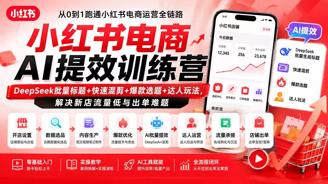 小红书电商AI提效训练营—DeepSeek批量标题+快速混剪+爆款选题+达人玩法,解决新店流量低与出单难题 小红书电商AI提效训练营—DeepSeek批量标题+快速混剪+爆款选题+达人玩法,解决新店流量低与出单难题