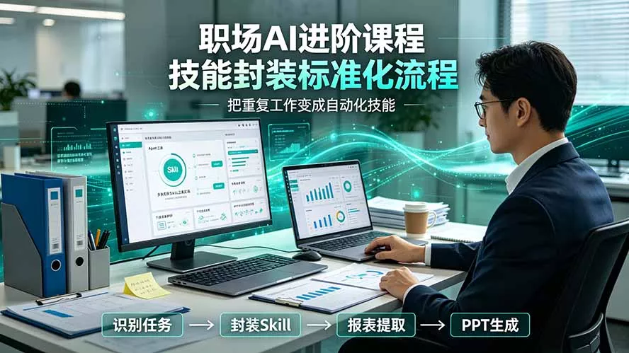 职场AI进阶课程；多类实用Skill工具实操，专属技能封装标准化流程，报表行业报告一键提取核心内容胖子网创胖子网创
