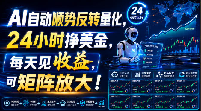 AI自动顺势反转量化，24小时挣美金，每天见收益，可矩阵放大！【揭秘】胖子网创胖子网创