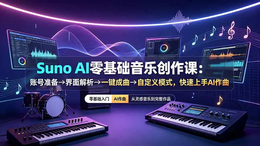 Suno AI零基础音乐创作课：账号准备→界面解析→一键成曲→自定义模式，快速上手AI作曲胖子网创胖子网创