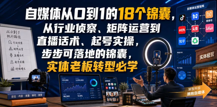自媒体从0到1的18个锦囊，从行业侦察、矩阵运营到直播话术、起号实操，步步可落地的锦囊，实体老板转型必学胖子网创胖子网创