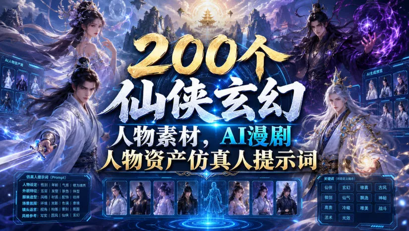 200个仙侠玄幻人物素材，AI漫剧人物资产仿真人提示词胖子网创胖子网创