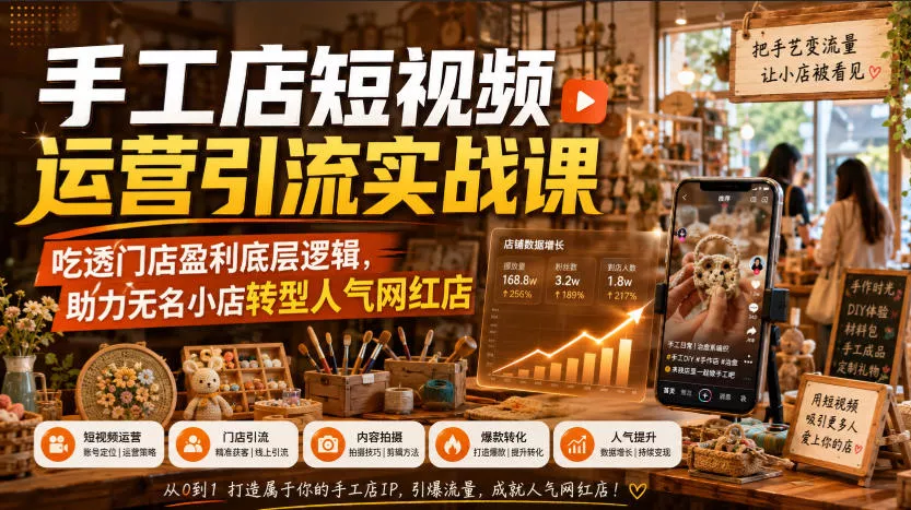 手工店短视频运营引流实战课，吃透门店盈利底层逻辑，助力无名小店转型人气网红店胖子网创胖子网创