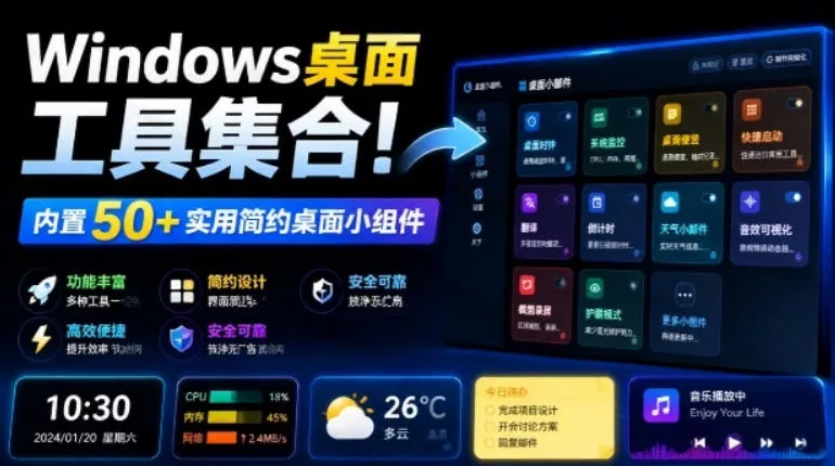 Windows桌面工具集合！内置50+实用简约桌面小组件，含截图、录屏、翻译、天气等，多秘工具箱胖子网创胖子网创