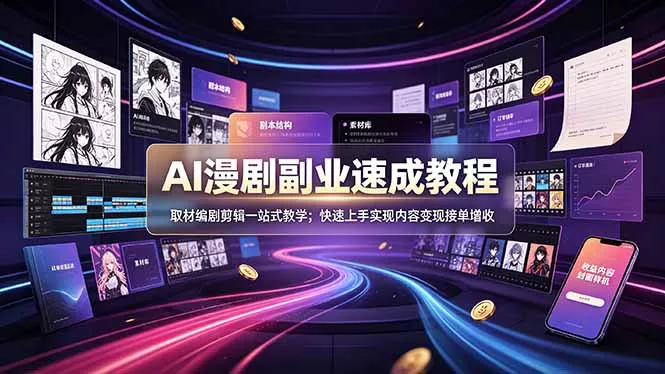 AI漫剧副业速成教程，取材编剧剪辑一站式教学；快速上手实现内容变现接单增收胖子网创胖子网创