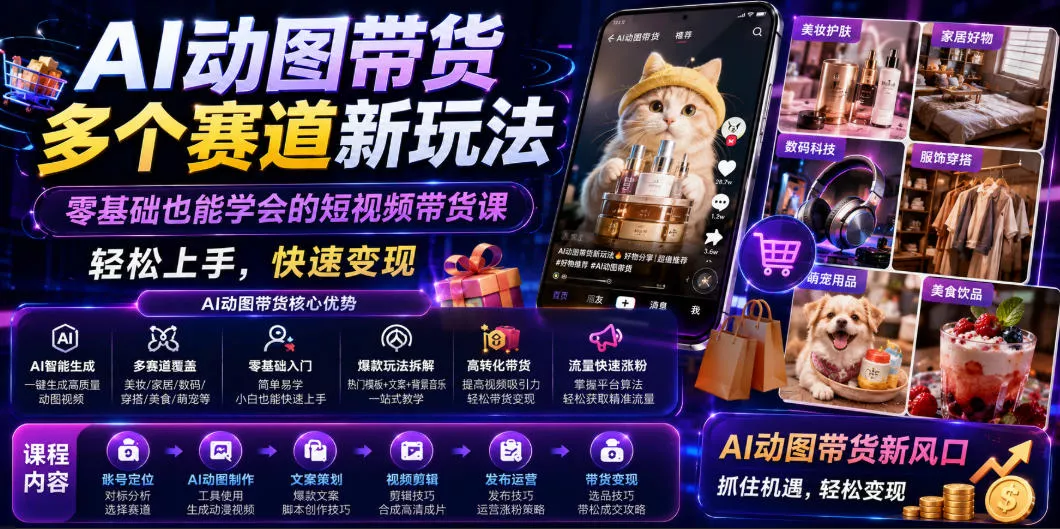 AI动图带货多个赛道新玩法，零基础也能学会的短视频带货课，轻松上手，快速变现胖子网创胖子网创