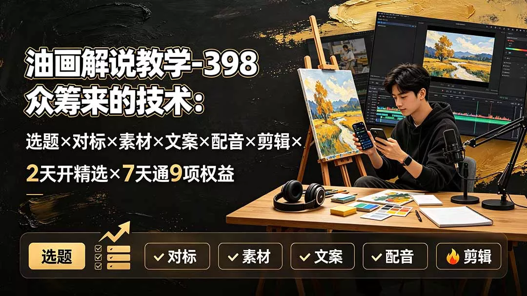 油画解说教学-398众筹来的技术：选题×对标×素材×文案×配音×剪辑×2天开精选×7天通9项权益胖子网创胖子网创