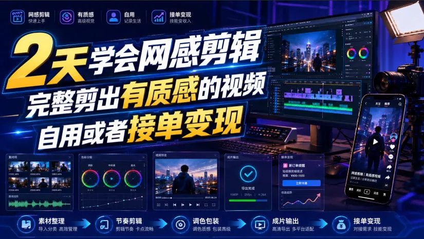 2天学会网感剪辑，完整剪出有质感的视频，自用或者接单变现胖子网创胖子网创