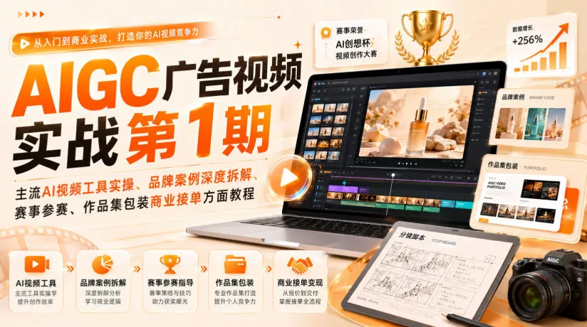 AIGC广告视频实战第1期，主流AI视频工具实操、品牌案例深度拆解、赛事参赛、作品集包装商业接单方面教程胖子网创胖子网创