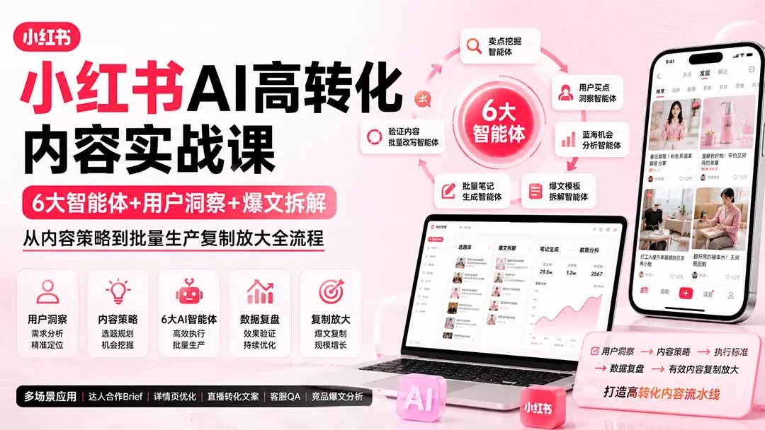 小红书AI高转化内容实战课：6大智能体+用户洞察+爆文拆解，从内容策略到批量生产复制放大全流程胖子网创胖子网创