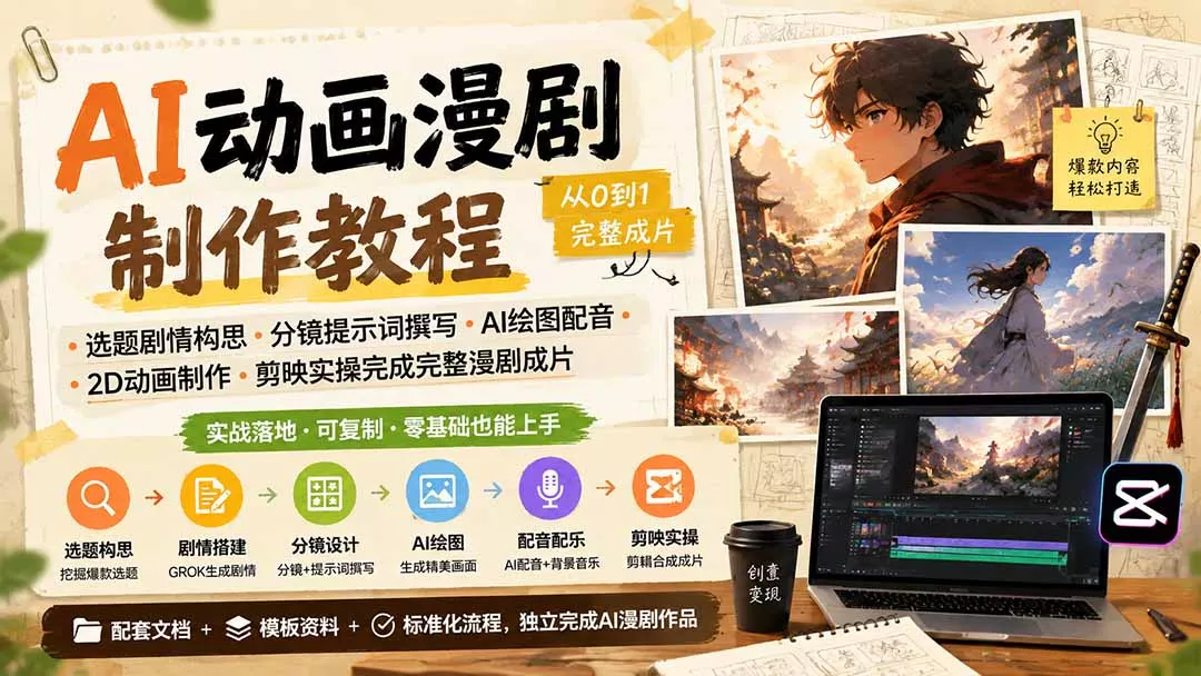 AI动画漫剧制作教程｜选题剧情构思·分镜提示词撰写·AI绘图配音·2D动画制作·剪映实操完成完整漫剧成片胖子网创胖子网创