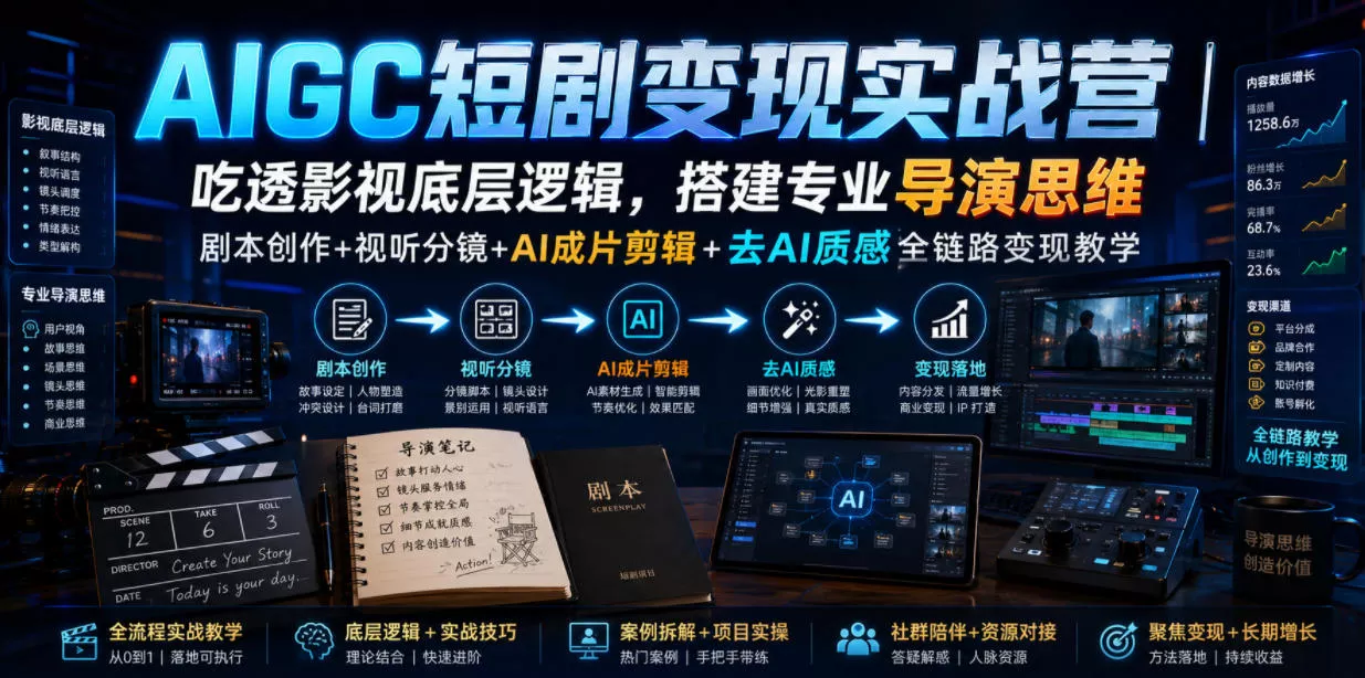 AIGC短剧变现实战营｜吃透影视底层逻辑，搭建专业导演思维，剧本创作+视听分镜+AI成片剪辑+去AI质感全链路变现教学胖子网创胖子网创