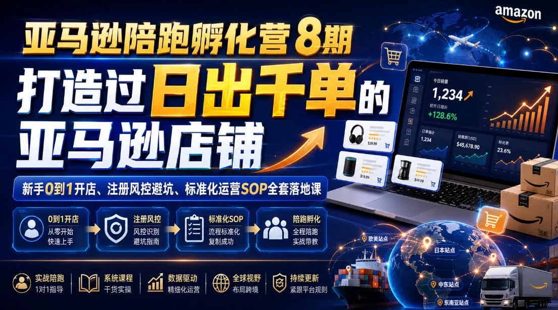 亚马逊陪跑孵化营8期，打造过日出千单的亚马逊店铺，新手0到1开店、注册风控避坑、标准化运营SOP全套落地课胖子网创胖子网创