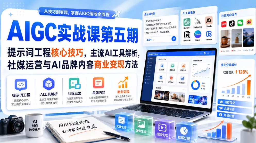 刺猬星球·AIGC实战课第五期，提示词工程核心技巧，主流AI工具解析，社媒运营与AI品牌内容商业变现方法胖子网创胖子网创