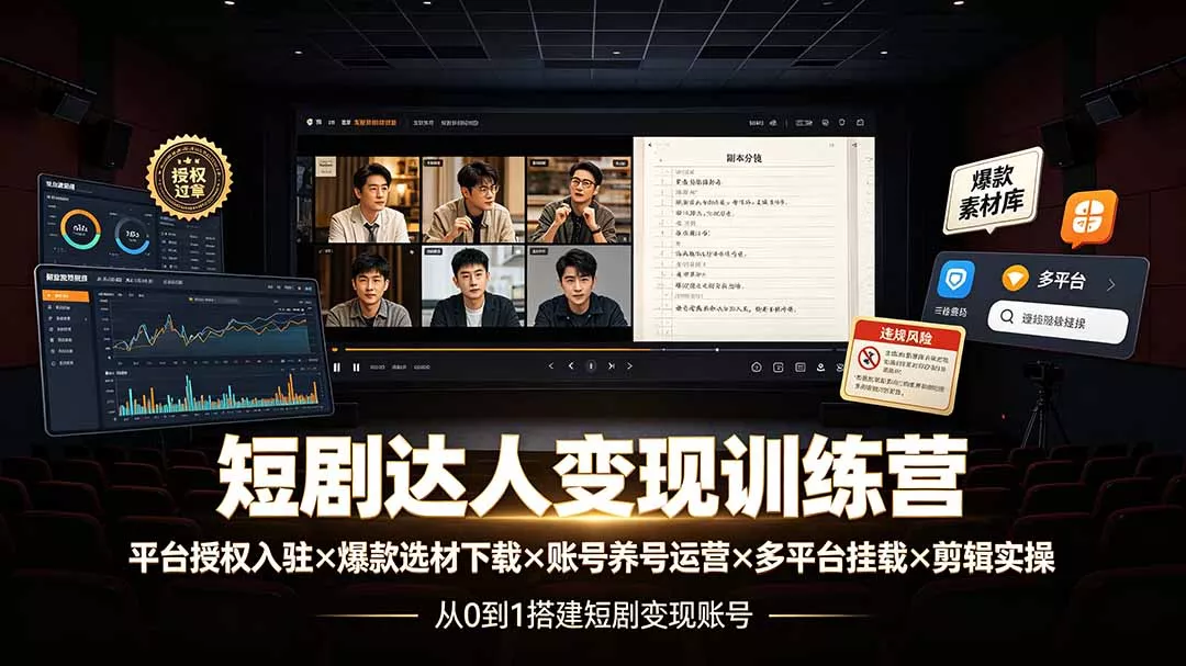 短剧达人变现训练营：平台授权入驻×爆款选材下载×账号养号运营×多平台挂载×剪辑实操×违规处理全流程胖子网创胖子网创