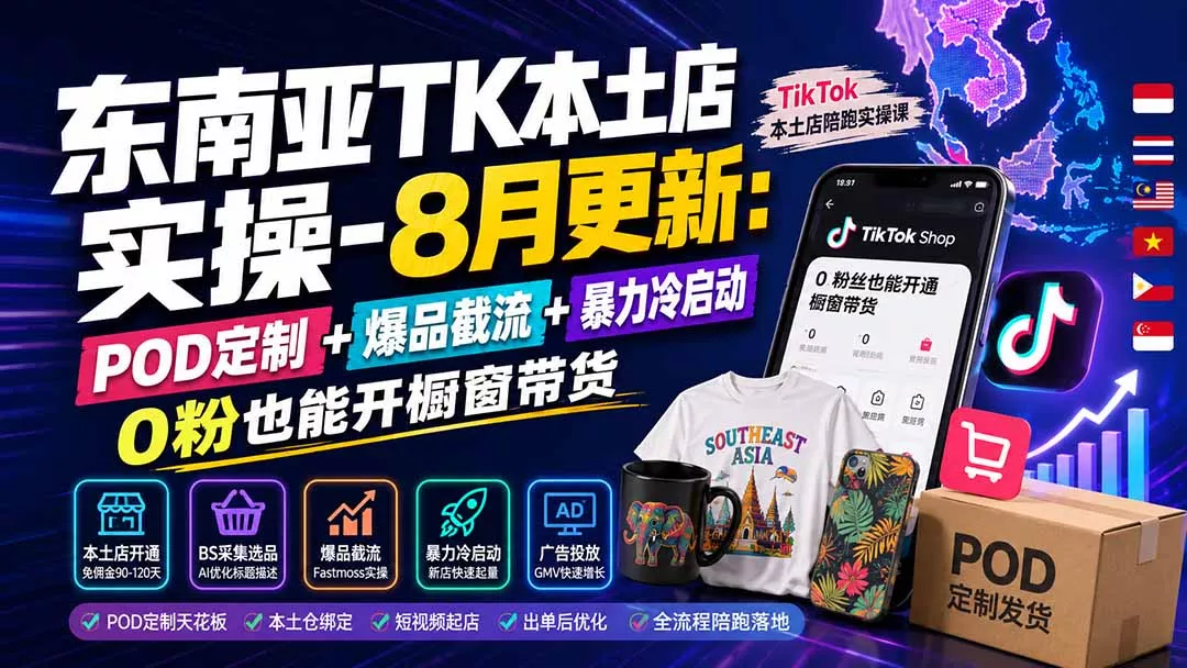 东南亚TK本土店实操-8月更新：POD定制+爆品截流+暴力冷启动，0粉也能开橱窗带货胖子网创胖子网创