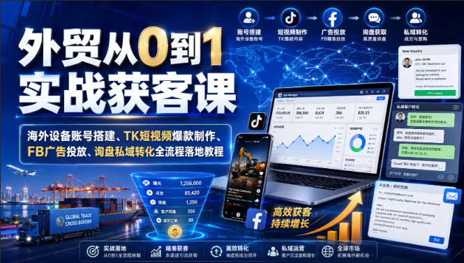 外贸从0到1实战获客课|海外设备账号搭建、TK短视频爆款制作、FB广告投放、询盘私域转化全流程落地教程 外贸从0到1实战获客课|海外设备账号搭建、TK短视频爆款制作、FB广告投放、询盘私域转化全流程落地教程