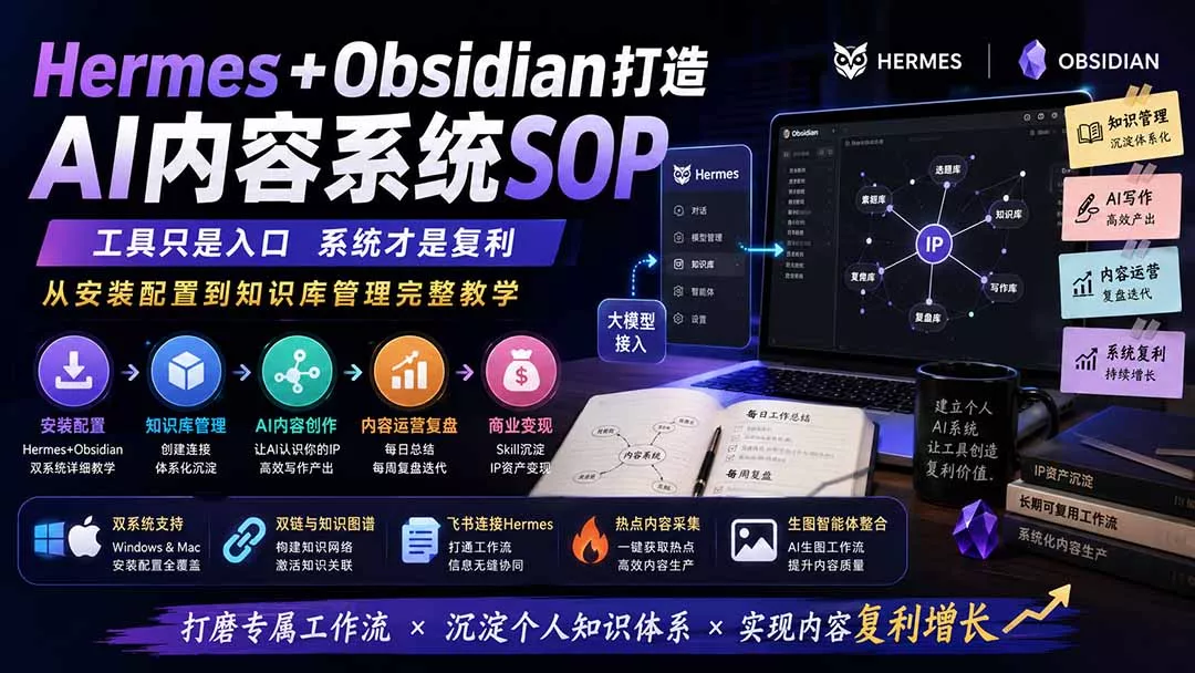 Hermes+Obsidian打造AI内容系统SOP；工具只是入口系统才是复利，从安装配置到知识库管理完整教学胖子网创胖子网创