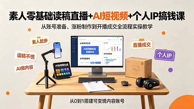 素人零基础读稿直播+AI短视频+个人IP搞钱课，从账号准备、涨粉制作到开播成交全流程实操教学胖子网创胖子网创
