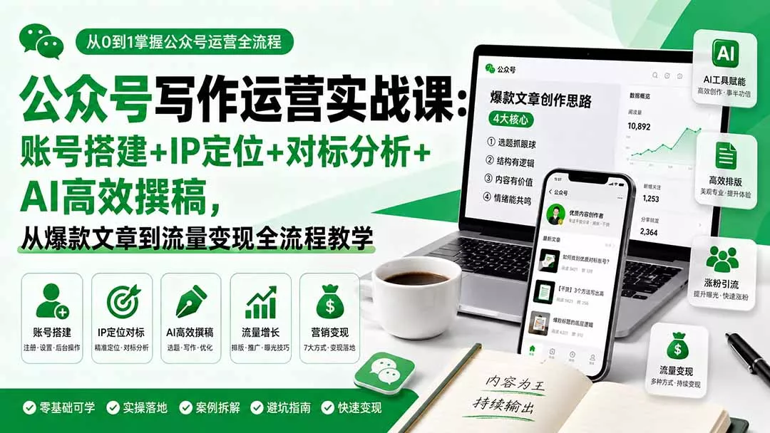 公众号写作运营实战课：账号搭建+IP定位+对标分析+AI高效撰稿，从爆款文章到流量变现全流程教学胖子网创胖子网创