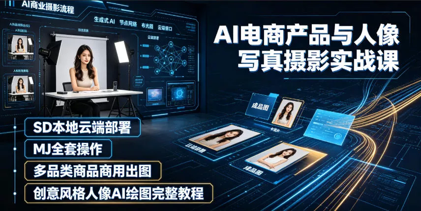 AI电商产品与人像写真摄影实战课｜SD本地云端部署、MJ全套操作、多品类商品商用出图、创意风格人像AI绘图完整教程胖子网创胖子网创
