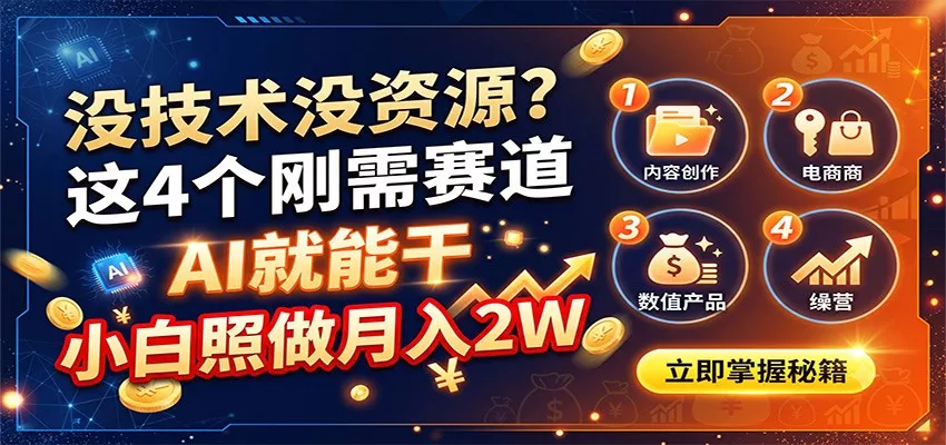 没技术没资源？这4个刚需赛道，AI就能干，小白照做月入2W胖子网创胖子网创