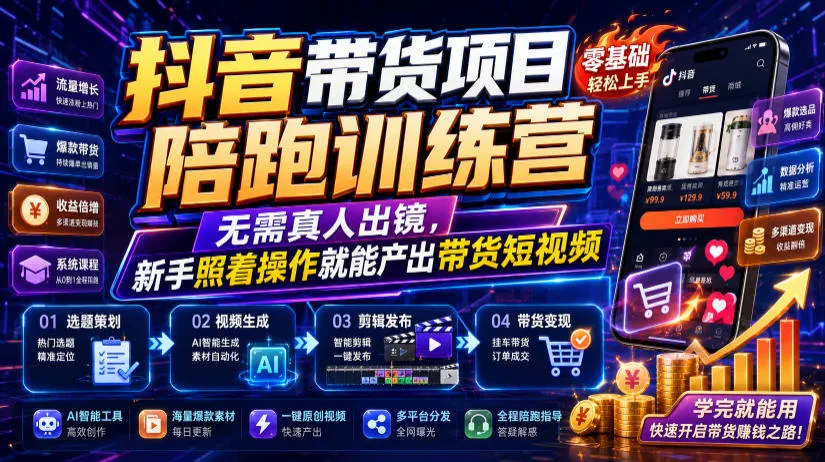 抖音带货项目陪跑训练营，无需真人出镜，新手照着操作就能产出带货短视频胖子网创胖子网创