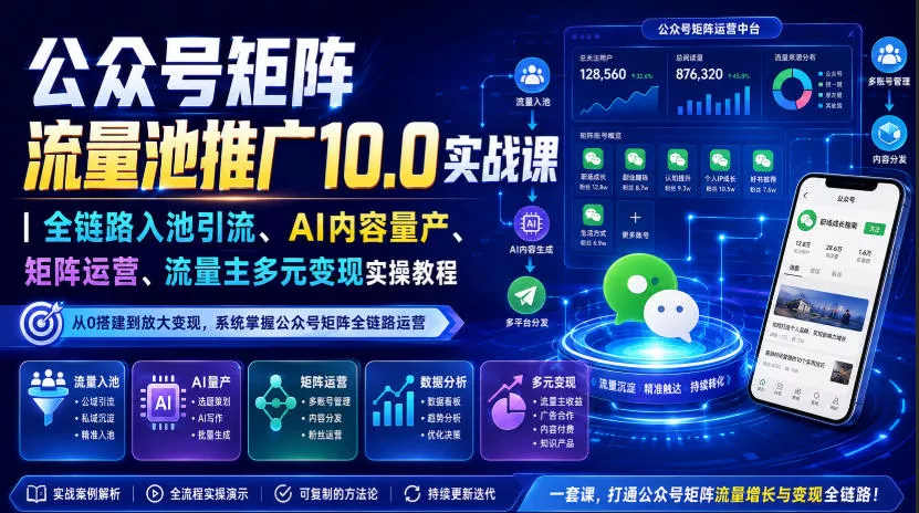 公众号矩阵流量池推广10.0实战课｜全链路入池引流、AI内容量产、矩阵运营、流量主多元变现实操教程胖子网创胖子网创