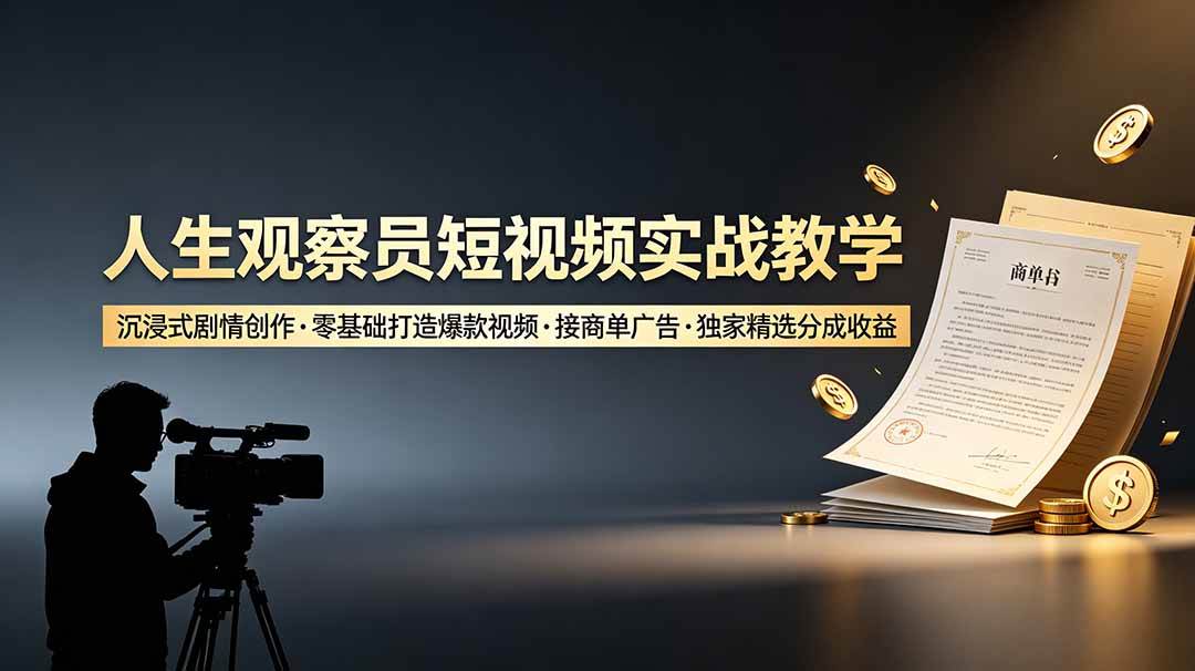 （19113期）人生观察员短视频实战教学，沉浸式剧情创作，零基础打造爆款视频，接商单广告，独家精选分成收益胖子网创胖子网创