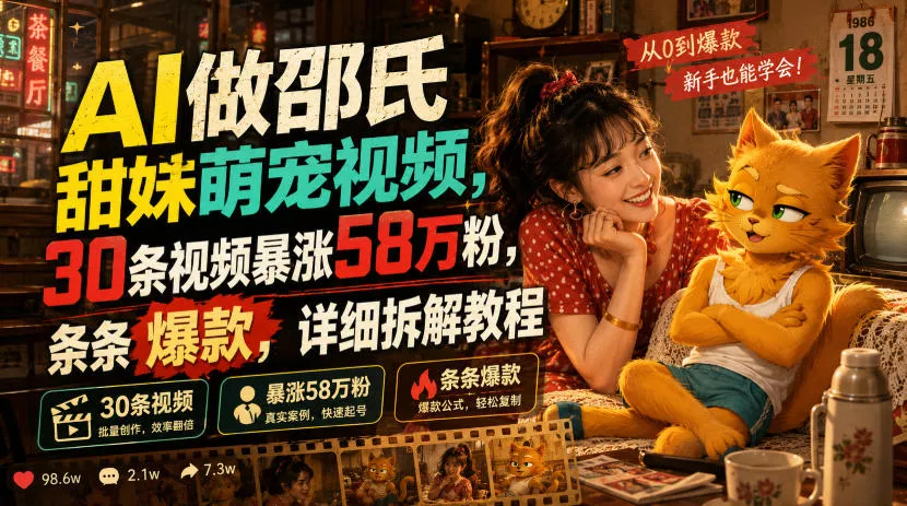 AI做邵氏甜妹萌宠视频,30条视频暴涨58万粉,条条爆款,详细拆解教程 AI做邵氏甜妹萌宠视频,30条视频暴涨58万粉,条条爆款,详细拆解教程