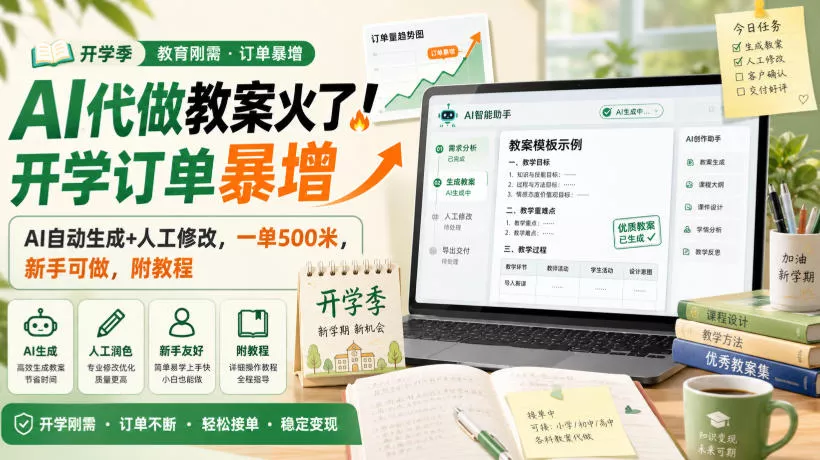 AI代做教案火了！开学订单暴增，AI自动生成+人工修改，一单500米，新手可做，附教程【揭秘】胖子网创胖子网创