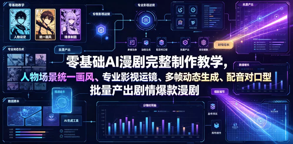 零基础AI漫剧完整制作教学，人物场景统一画风、专业影视运镜、多帧动态生成、配音对口型，批量产出剧情爆款漫剧胖子网创胖子网创