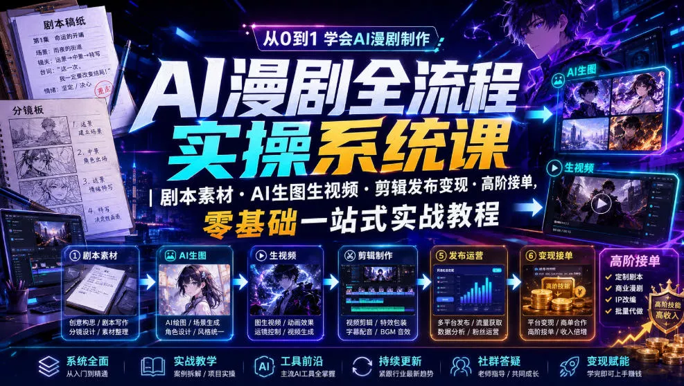 AI漫剧全流程实操系统课|剧本素材・AI生图生视频・剪辑发布变现・高阶接单,零基础一站式实战教程 AI漫剧全流程实操系统课|剧本素材・AI生图生视频・剪辑发布变现・高阶接单,零基础一站式实战教程