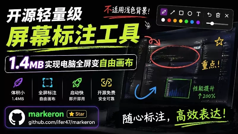 开源轻量级屏幕标注工具，1.4MB实现电脑全屏变自由画布！支持8种标注工具和全键盘操控MarkerOn胖子网创胖子网创