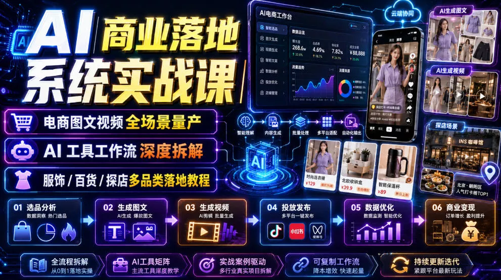 AI商业落地系统实战课|电商图文视频全场景量产・AI工具工作流深度拆解・服饰/百货/探店多品类落地教程 AI商业落地系统实战课|电商图文视频全场景量产・AI工具工作流深度拆解・服饰/百货/探店多品类落地教程