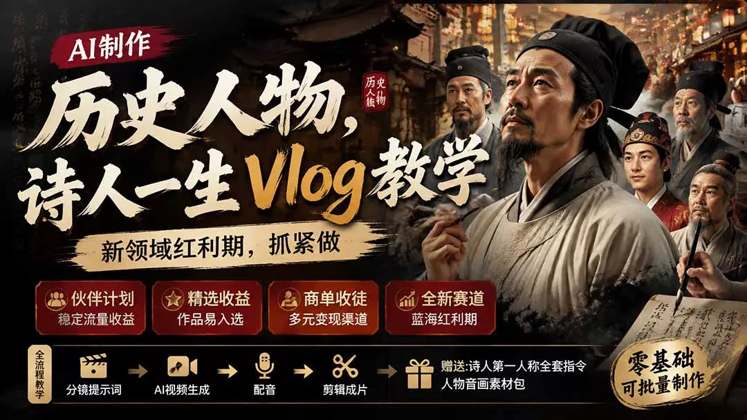 历史人物，诗人一生Vlog教学， AI制作丨伙伴计划丨精选收益丨商单收徒 ，新领域红利期，抓紧做胖子网创胖子网创
