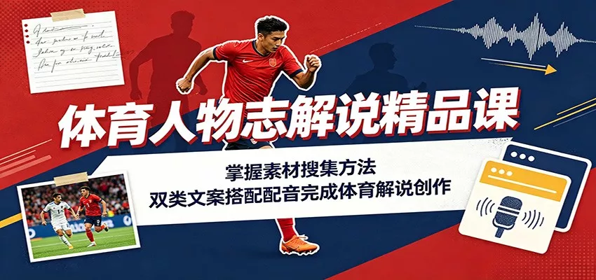 体育人物志解说精品课：掌握素材搜集方法，双类文案搭配配音完成体育解说创作胖子网创胖子网创