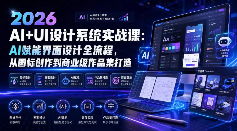 2026 AI+UI设计系统实战课：AI赋能界面设计全流程，从图标创作到商业级作品集打造胖子网创胖子网创