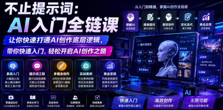 不止提示词：AI入门全链课，让你快速打通AI创作底层逻辑，带你快速入门，轻松开启AI创作之路胖子网创胖子网创