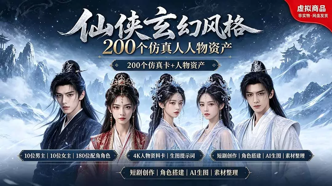 200个仙侠玄幻仿真人素材◆10男主×10女主×180配角，4K资料卡+AI生图提示词，漫剧必备胖子网创胖子网创