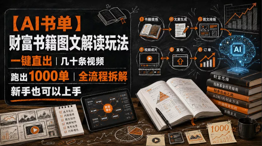 【AI书单】财富书籍图文解读玩法，一键直出，几十条视频，跑出1000单，全流程拆解，新手也可以上手胖子网创胖子网创