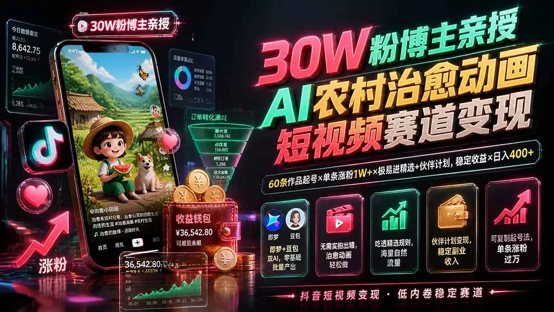 30W粉博主亲授AI农村治愈动画短视频赛道变现：60条作品起号×单条涨粉1W+×极易进精选+伙伴计划，稳定收益×日入400+胖子网创胖子网创