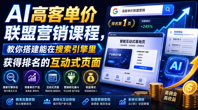 AI高客单价联盟营销课程，教你搭建能在搜索引擎里获得排名的互动式页面，引来流量，把访客转化为高佣金的成交【原创双语字幕】胖子网创胖子网创