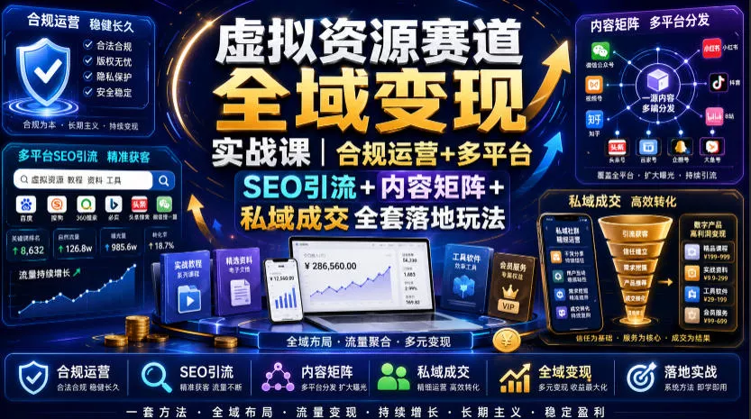 虚拟资源赛道全域变现实战课｜合规运营+多平台SEO引流+内容矩阵+私域成交全套落地玩法胖子网创胖子网创