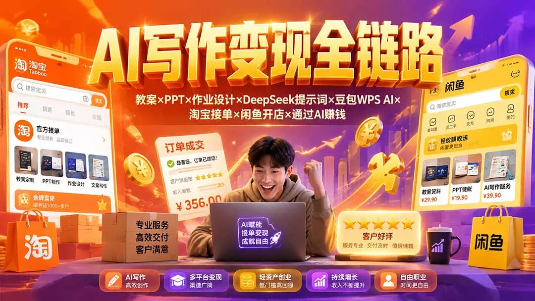 2026AI写作变现全链路：教案×PPT×作业设计×DeepSeek提示词×豆包WPS AI×淘宝接单×闲鱼开店×通过AI賺钱胖子网创胖子网创