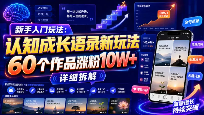 新手入门玩法：认知成长语录新玩法，60个作品涨粉10W+，详细拆解胖子网创胖子网创